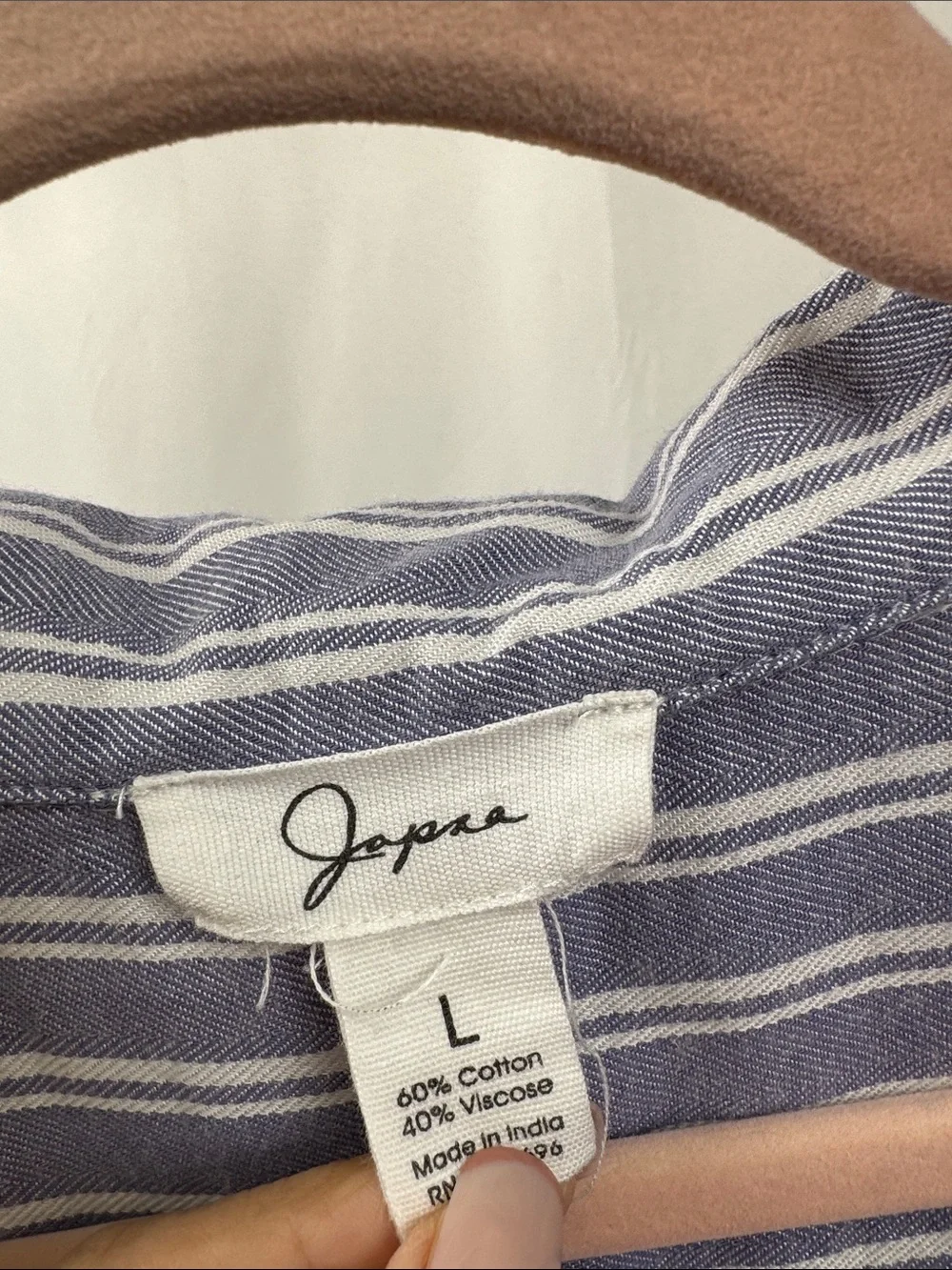 Japna Blue White Stripe Shirt Dress Tie Waist Linen Blend Size Large
